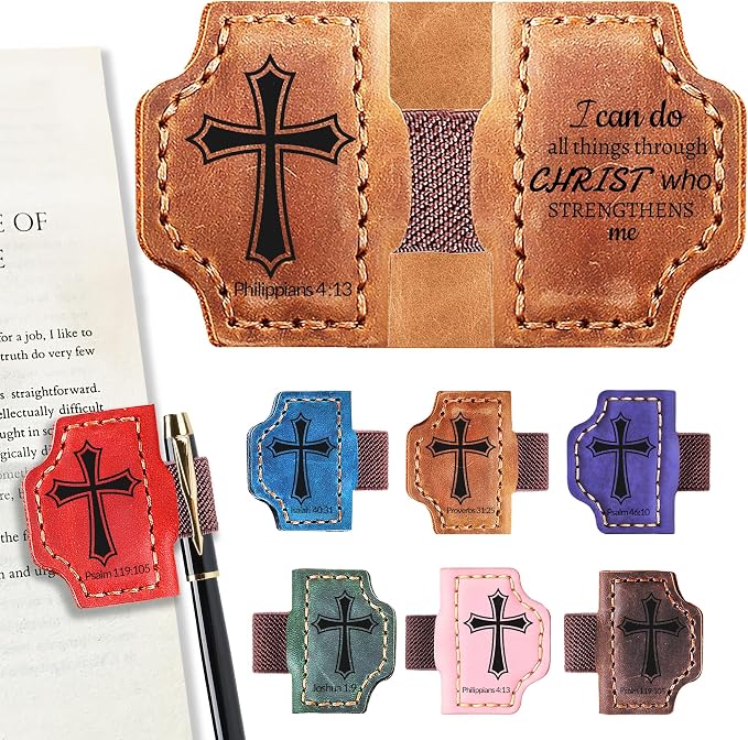 Personalized Magnetic Bookmark with Pen Holder, Bible Verse Scripture Design, Custom Leather Bookmark Bible Study Supplies for Women Men, Christian, Book Lovers Gifts (Brown, Philippians 4:13)