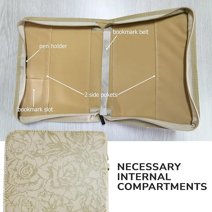 DEHITE Bible Cases for Woman — Leather Bible Covers for Women — Carrying Bag for Woman — Pen Slots — Zippered Pocket — Premium Faux Leather Holder — Christian Floral Accessories