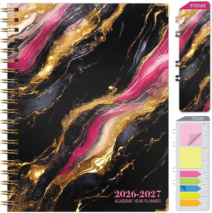 HARDCOVER Academic Year 2026-2027 Planner: 14 Months (May 2026 Through June 2027) 8.5"x 11" Daily Weekly Monthly Planner Yearly Agenda. Bookmark, Pocket Folder and Sticky Note Set (Dark Gold Marble)