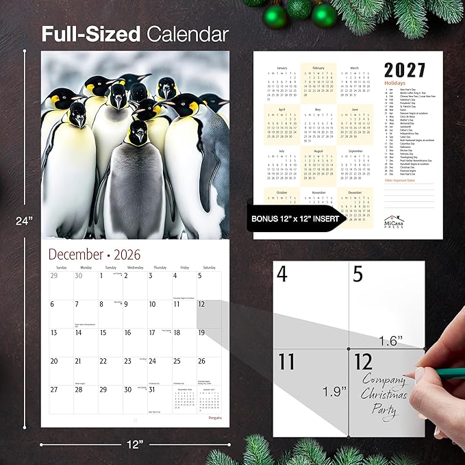 MICASA PRESS Penguins 2026 Wall Calendar 12 Month | 12" x 24" Open | Thick & Sturdy Paper | Giftable | Animal Calendar 2026