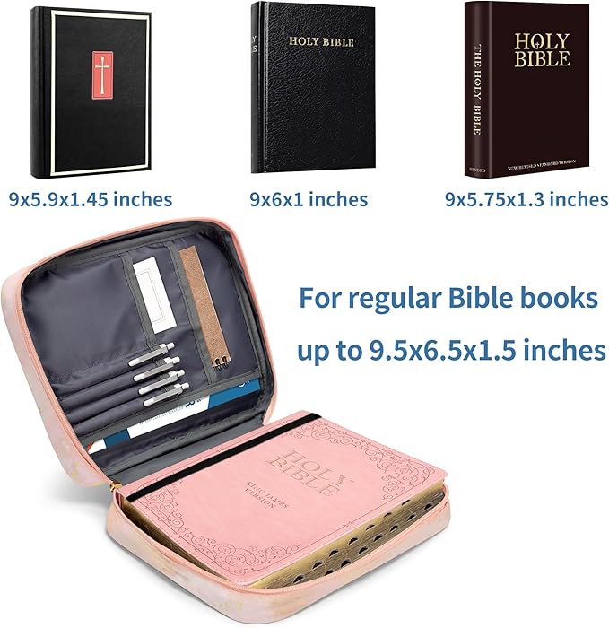 Bible Cover for Women, Bible Holder, Bible Cover Carrier Carrying Organizer Bag, God is Within Her She Will Not Fall, Zipper and Pockets for Standard Size Bible, Gift for Women（Pink Marble）