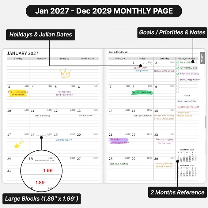 2027-2029 Monthly Planner, 3 Year Calendar Planner, Jan 2027 - Dec 2029, 8.3'' x 11'', 36 Months, Embossed Cover, with Printed Tabs ＆Pocket, Elastic Closure, Organizer for Office Home School, Black