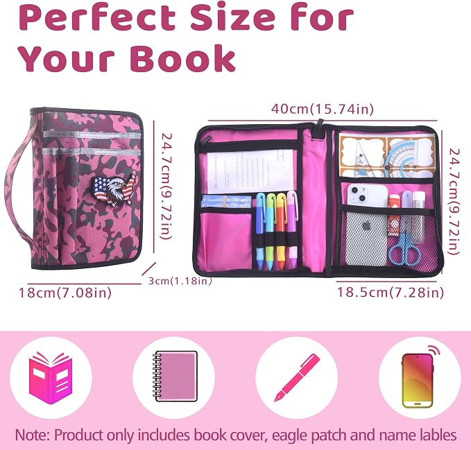 LParkin Pink Camo Scout Book Cover for Handbook 14th Edition, Waterproof Book Sleeve with 32 Name Labels & Eagle Patch, Unique Gifts for Girl Scouts