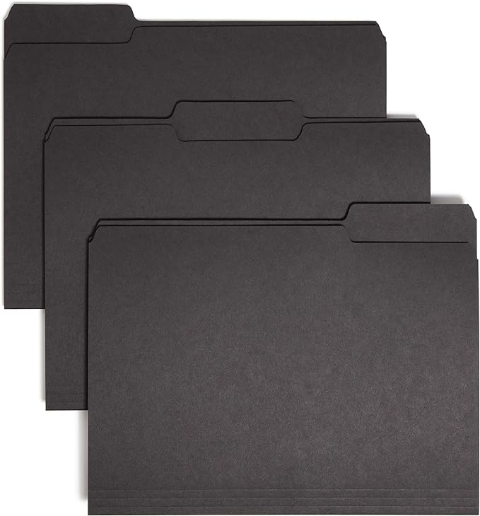 Smead Interior File Folder, 1/3-Cut Tab, Letter Size, Black, 100 per Box, Expandable File Folders for Filing Cabinet