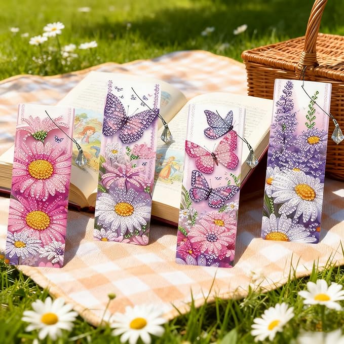 4pcs Lavender Diamond Painting Bookmark, 5D DIY Diamond Art Bookmarks with Butterfly Flower Design Beaded Rhinestone Diamond Art Kits for Adult Crafts Reading Women Beginner Birthday Gift