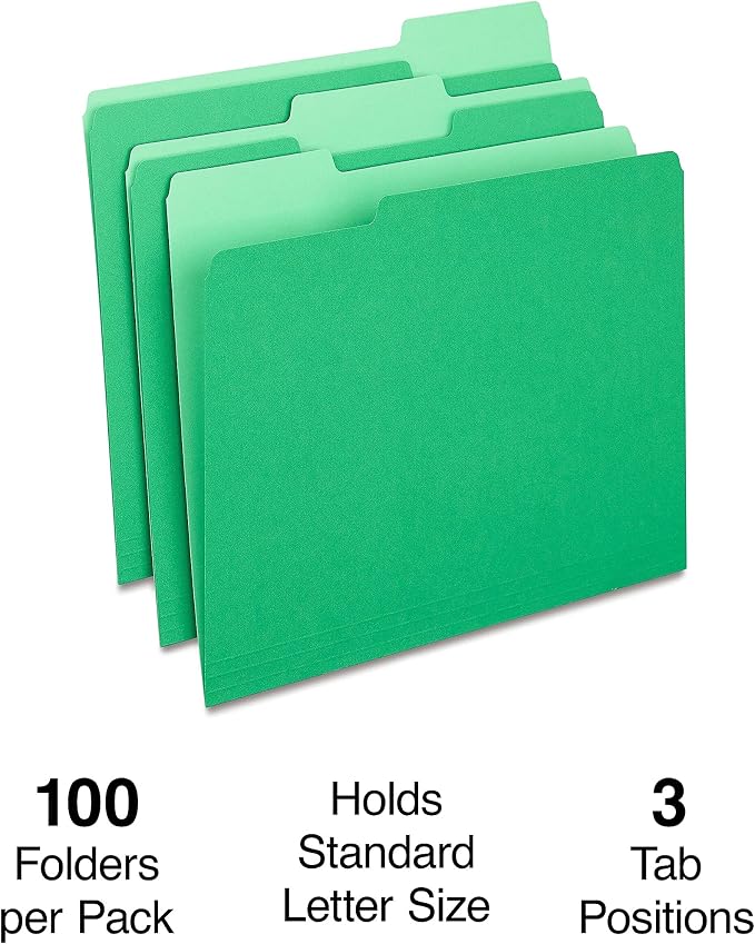 Staples File Folders, Letter Size, 1/3‑Cut Tabs, Assorted Positions, Green, Durable Paper Stock, 100/Pack
