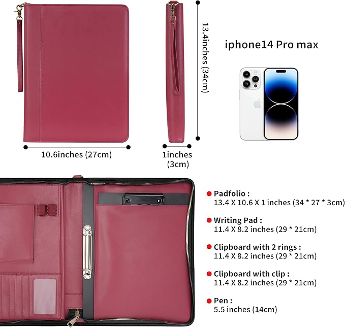 Wason A4 Portfolio with Zipper - Leather PU Padfolio with Detachable Ring Binder and Writing Notepad Holder, Conference File Multi-Pockets Organizer for Office Travel School (Red)