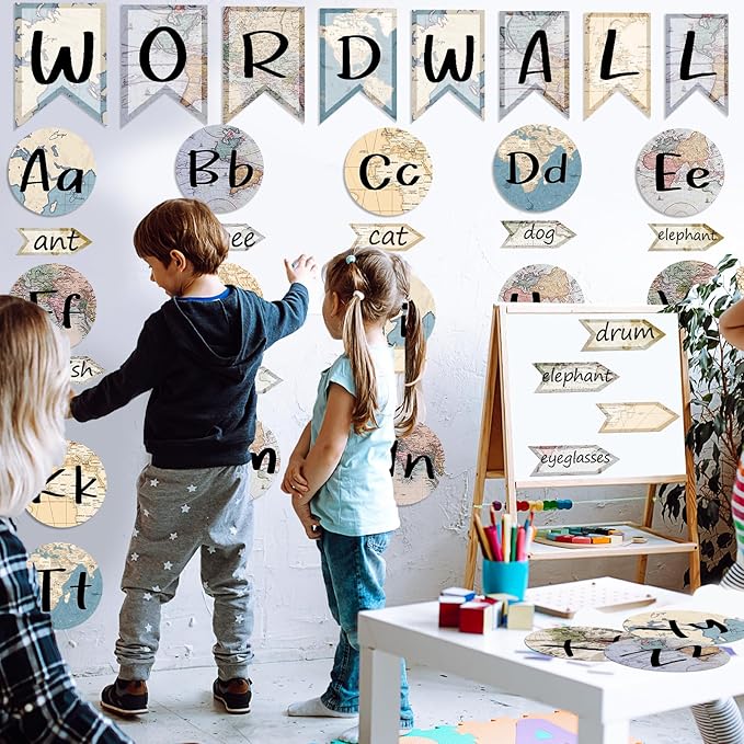 Word Wall Bulletin Board Set Alphabet Letter for Classroom ABC Poster Chart Sight Words Travel the World Map Border for First Grade Pre School Kindergarten Elementary Classroom Wall Decor Supplies