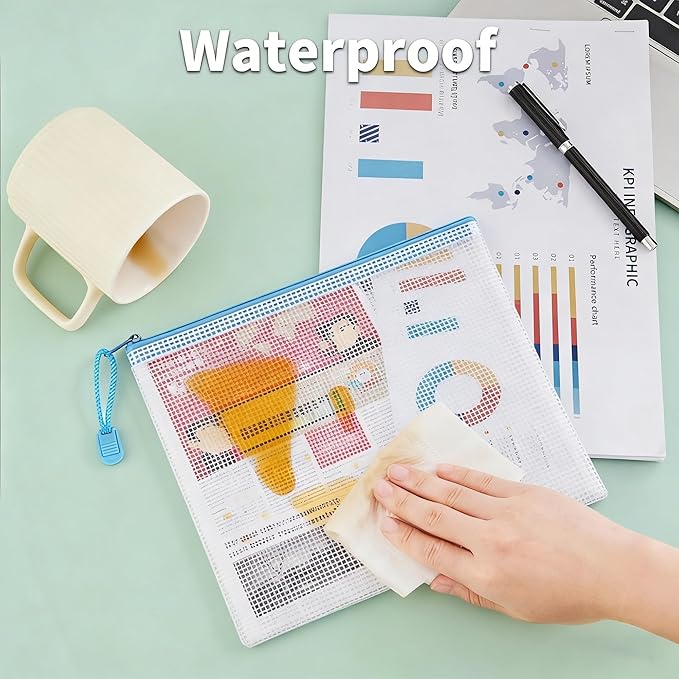 12-Pack Mesh Zipper Pouch Set with 1 Organizer Bag, 3 Sizes (A4, A5, B6) Clear Waterproof File Bags for Travel Organization, Journaling & School Office Supplies (13pcs)