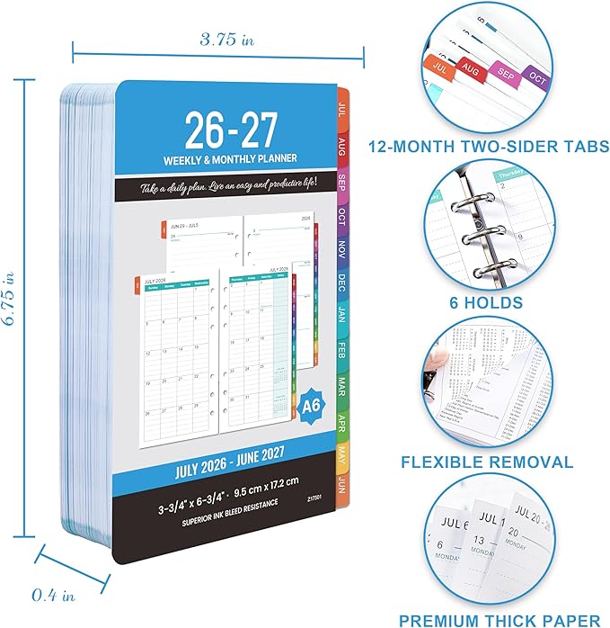 2026-2027 Planner Refills - 4" x 7", A6 Weekly and Monthly Planner Inserts, Jul. 2026 - Jun. 2027, Planner Refills 2026-2027, 6 Holes, Colorful Monthly Tabs