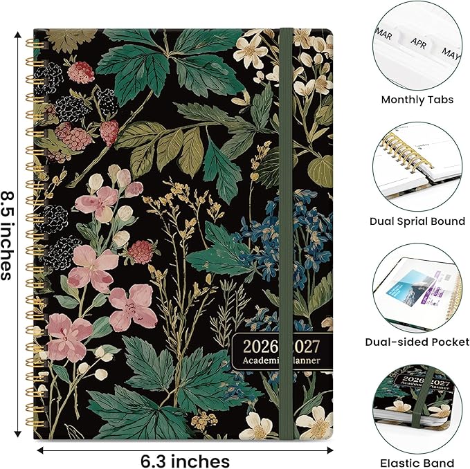 2026–2027 Academic Planner, Weekly and Monthly Planner for Women, July 2026 - June 2027, Pretty Hardcover 2026–2027 Academic Planner with Tabs, Inner Pocket, Spiral Bound, Perfect Office Home School Supplies - 6.3" x 8.5", Forest Botanica