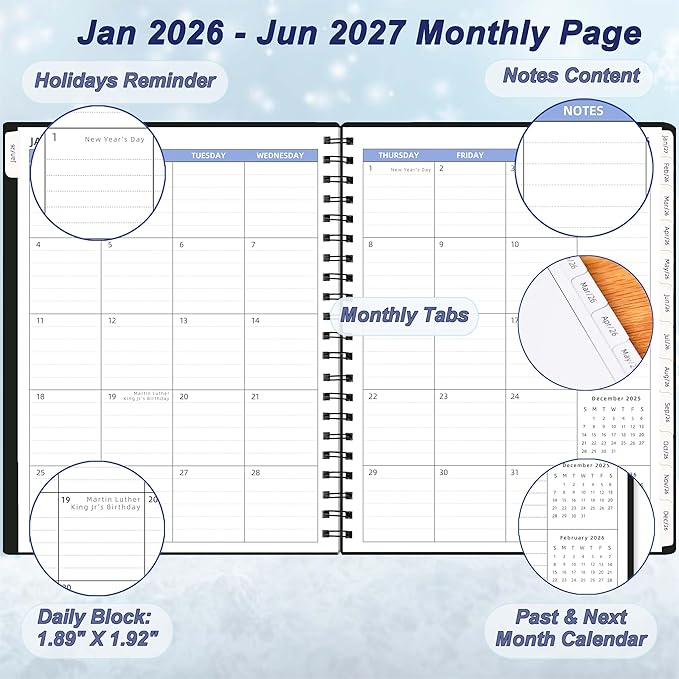 2026-2027 Monthly Planner (7.6'' x 9.6''), from Jan 2026-Jun 2027, 18 Months Calendar 2026 Planner, Agenda Book with Tabs & Pocket, Black