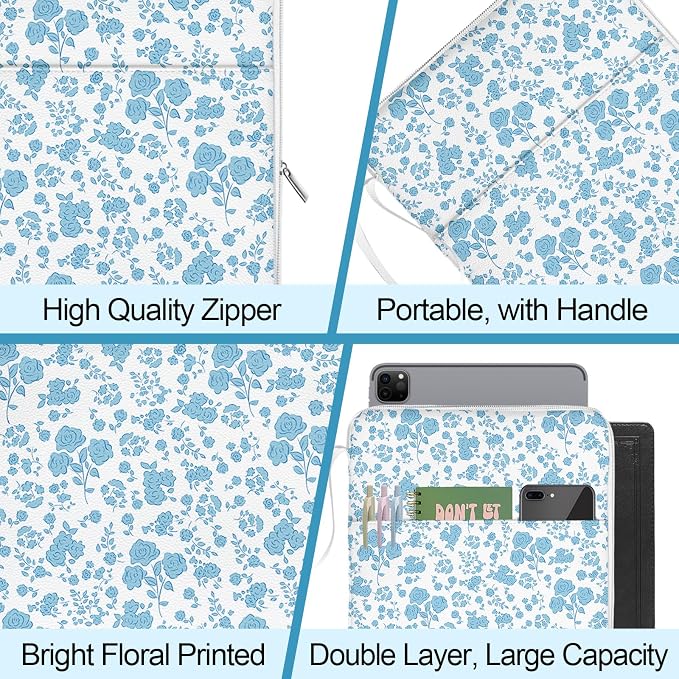 Blue Floral Bible Book Sleeve with Zipper,12"x 9" Padded Protector Washable Book Covers,Books Pouch with Handle Pockets,Travel Book Carrying Case for Books Lovers Paperback,Mother's Day Christian Gift