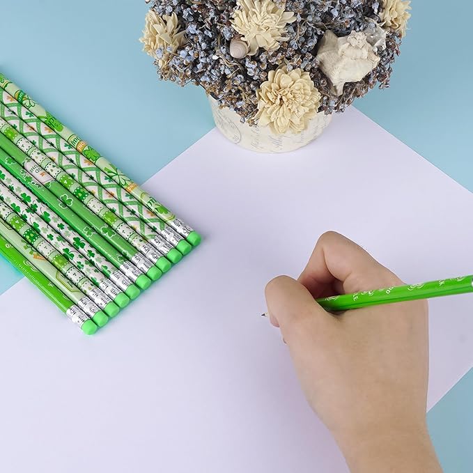 St. Patrick's Day Pencils, Green Shamrock Theme, Natural Wood HB Graphite Pencils with Eraser for Writing & Drawing, Classroom Party Favors (36 Pcs)