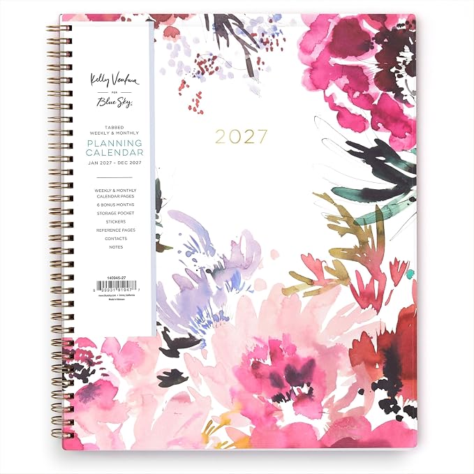 Blue Sky Kelly Ventura 2027 Weekly and Monthly Planner Calendar, January 2027 - December 2027, 8.5" x 11", Flexible Cover, Laminated Tabs, Durable Twin Wire Binding, Storage Pocket, Includes Sticker Sheet, Magenta Blooms
