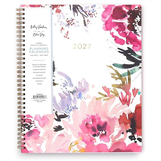 Blue Sky Kelly Ventura 2027 Weekly and Monthly Planner Calendar, January 2027 - December 2027, 8.5" x 11", Flexible Cover, Laminated Tabs, Durable Twin Wire Binding, Storage Pocket, Includes Sticker Sheet, Magenta Blooms