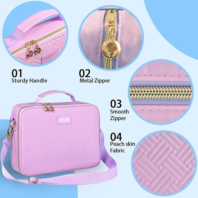 Bible Cover for Women Bible Case, Large Bible Bag, Bible Study Supplies Bible Journaling Kit Book Carrying Case with Bible Highlighters Tabs, Valentines Day Christian Gifts for Women(Purple)