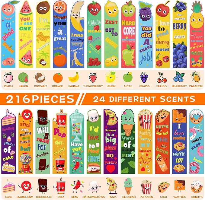 Geyee 216 Pcs Fruit Scented Bookmarks Scratch and Sniff Bookmarks Fun Classroom Smelly Bulk for Kids Students Teens School, 24 Styles