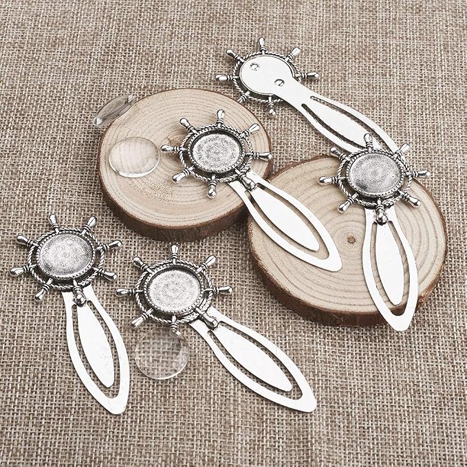 FASHEWELRY 20Pcs Antique Silver Bookmark Pendant Tray Kit Include 10Pcs 18mm Helm Round Blank Bezel Base Setting Charms with 10Pcs Clear Glass Dome Tiles Cabochons