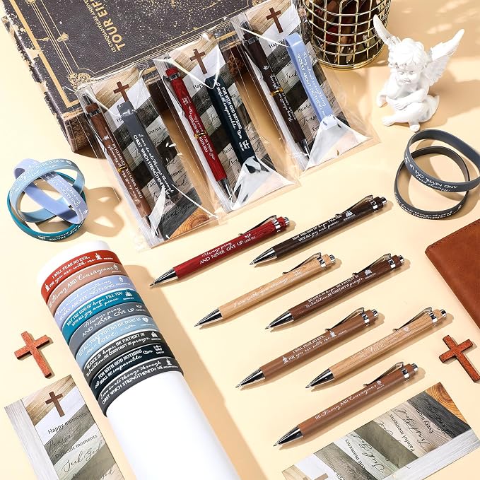 Spakon 25 Sets Father's Day Christian Gifts Bulk Bible Verses Pens Christian Silicone Bracelets Religious Paper Bookmarks for Women Men Sunday School Church Priest (Retro Style)