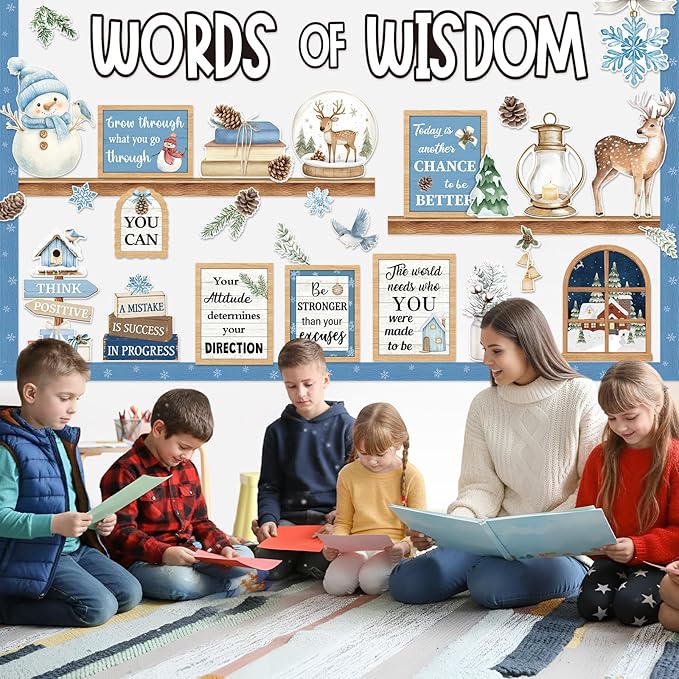 Mooliwe 57 Pcs Christmas Winter Bulletin Board Set Inspirational Classroom Decoration Watercolor Snowflake Snowman Cutout for Holiday School Chalkboard Door Wall Decor