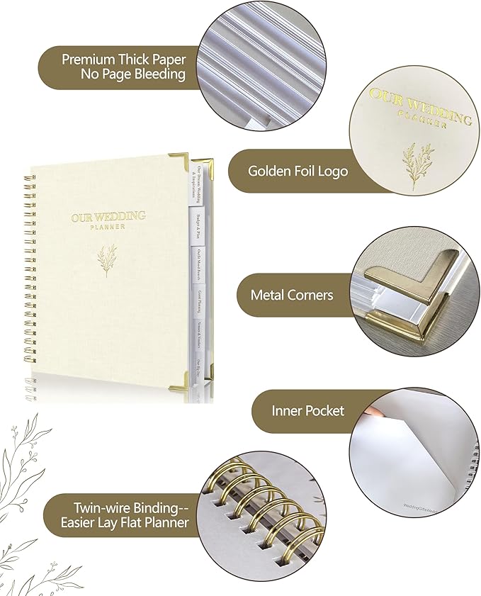 Wedding Planner Book and Organizer for Bride, Elegant Linen Cover Wedding Planning Binder with Checklists, Pockets & Calendars,Perfect Engagement Gifts for Couples