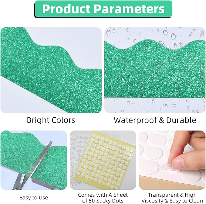 3 Rolls 98.4 Ft Glitter Bulletin Board Borders Set - Christmas Green Bulletin Board Decorations for Classroom, Office，School Supplies & Home DIY - Perfect for Teachers, Posters & Birthday Party Decor