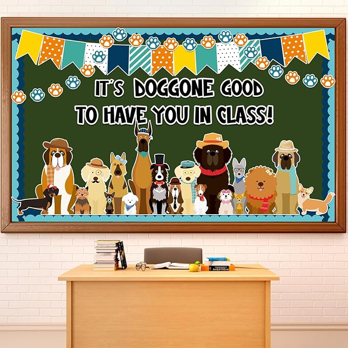 Justforjoyful 80Pcs Pet Dog Bulletin Board Classroom Decorations Set Puppy Cutouts Paw Bulletin Board Boarder Pet Dog theme Decoration Wall Decor Chalkboard Welcome Back to School Supplies