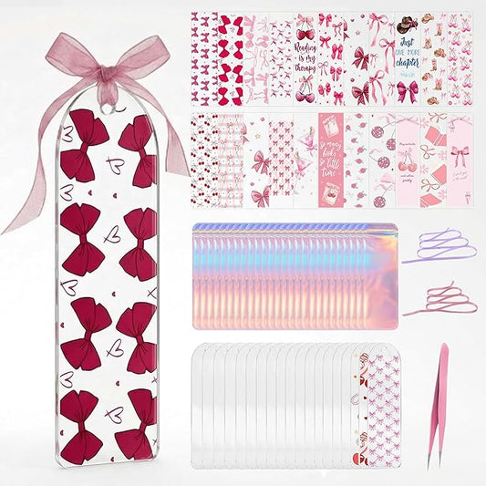 Acrylic Bookmark Blanks, 86 Pcs DIY Bookmark Making Kit with Organizer Box, 1.37x5.5 Clear Acrylic Bookmarks, UV DTF Decals, Make Your Own Bookmarks for Women & Book Lovers (Pink Bowknot)
