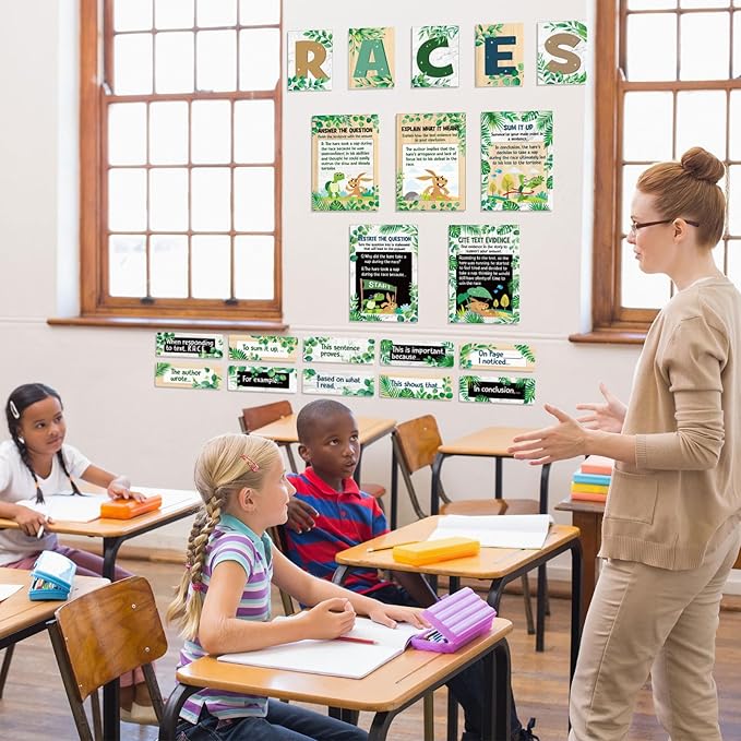 Outus 36 Pcs RACES Writing Strategy Bulletin Board Set, Alphabet Cutout Poster Sentence Starters Cards for Elementary School Classroom, Writing Display Wall Decoration Teacher Supply(Greenery)