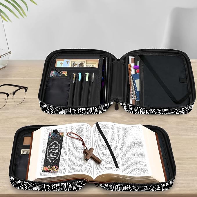 Christian Religion Bible Verses Black and White Bible Cover Case Carrying Book Protector Case Bible Study Supplies Accessories Holder Case Christian Gift for Women Men