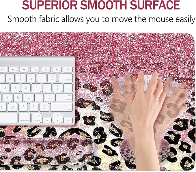 ARTSO Extended Gaming Mouse Pad Set, Keyboard Wrist Rest Support Pad + Wrist Cushion + XXL Large Mouse Pad + Coaster, Stitched Edge, Non-Slip, Memory Foam Desk Mat, Pink Leopard Print