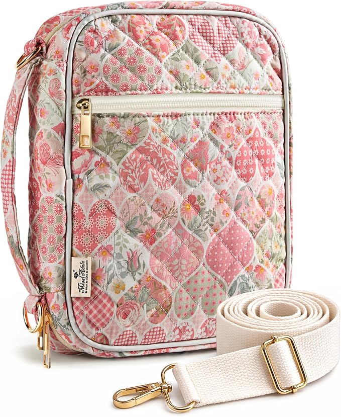 Miss Adola Bible Cover Case for Women - Quilted Bible Carrying Case Organizer Study Bag with Zipper Handle and Shoulder Strap Hearts Vintage Book Cover for Teen Girls