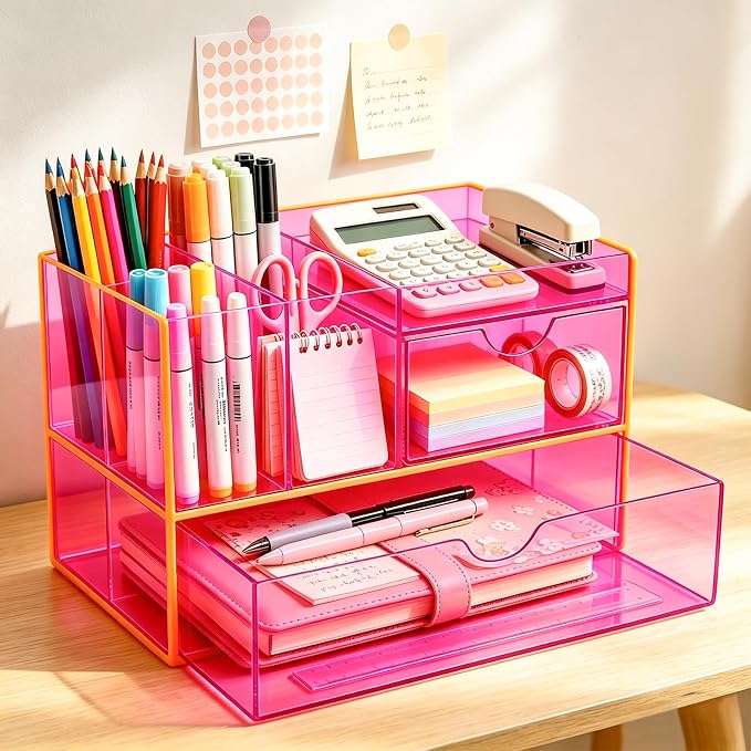 Desk Organizer with Drawers Acrylic Desktop Organizer Pen Holder Caddy for Office Supplies Makeup Organizer for Vanity, Neon Pink