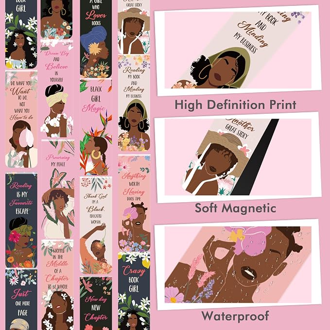 Black Girl Inspirational Bookmarks: 30 PCS Magnetic Floral Bookmark Clips, Empowering Quotes and Cute Book Marks for Reading, Thoughtful Gifts for Women Girls, Book Lovers Classroom Office Supplies