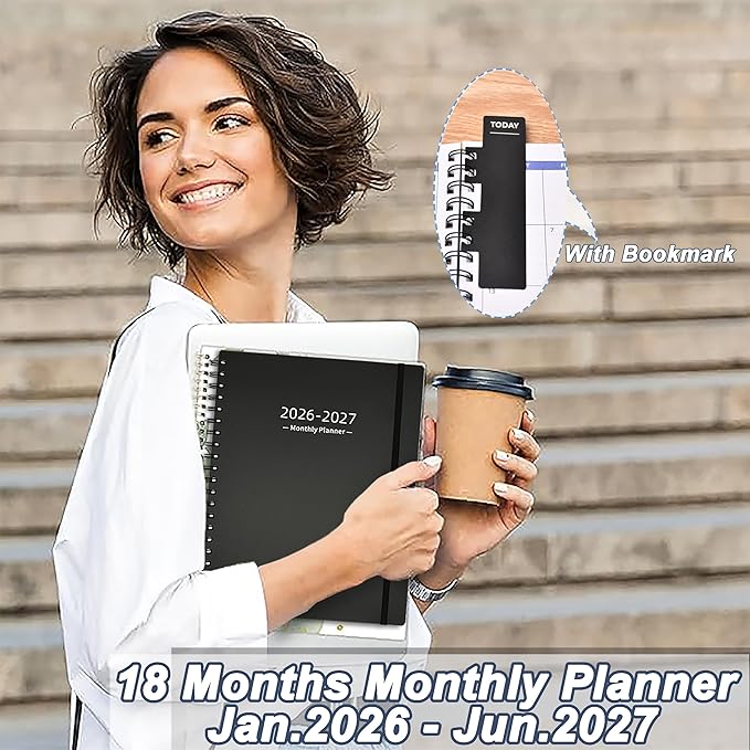 2026-2027 Monthly Planner(7.4'' x 9.6''), 18 Months Calendar Planner from Jan 2026-Jun 2027, 2026 Agenda with Pocket, 120GSM Paper, Black
