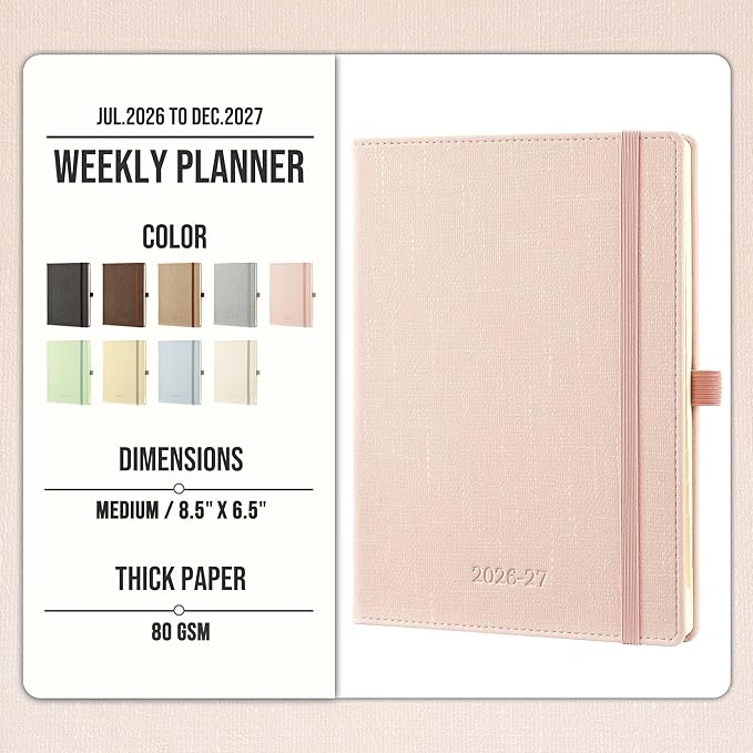 Planner 2026-2027 Weekly & Monthly Planner, 18 Month Academic Calendar July 2026 – Dec 2027, Horizontal Layout with Monthly Tabs, Textured Fabric Hardcover, Pink