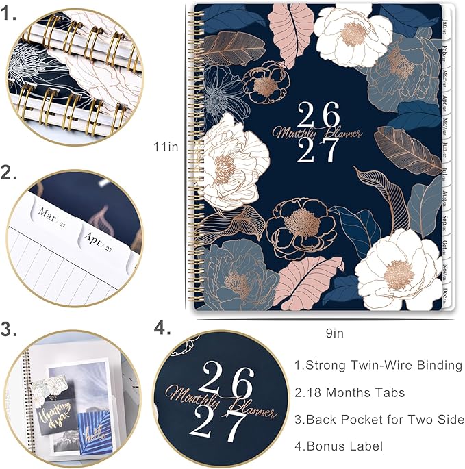 2026-2027 Monthly Planner - 9" x 11" 18 Months Calendar Planner, Jul. 2026 - Dec. 2027, 26-27 Monthly Calendar Planner, 18 Monthly Planner/Calendar 2026-2027 with Tabs, Back Pocket, Twin-Wire Binding