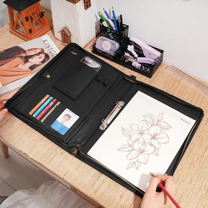 Wason A4 Portfolio with Zipper - Leather PU Padfolio with Detachable Ring Binder and Writing Notepad Holder, Conference File Multi-Pockets Organizer for Office Travel School (Black)