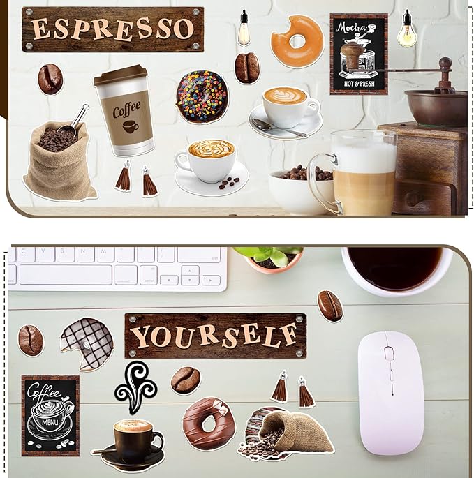 Teling 89 Pcs Industrial Cafe Bulletin Board Set Coffeehouse Themed Bulletin Board Industrial Cafe Classroom Decor Bulletin Board Themed Sets Coffee Classroom Decor for Classroom Home (Classic Style)