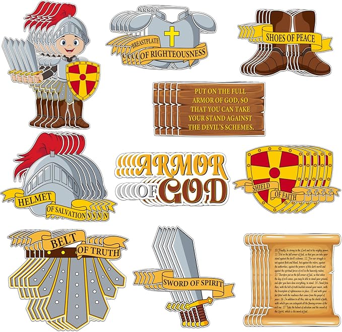 50 Pcs Armor of God Cutouts for Kids Books of The Bible Religious VBS Bulletin Board for Sunday School Religious Classroom Decorations Medieval Children Wall Home Bible Crafts Art Kit