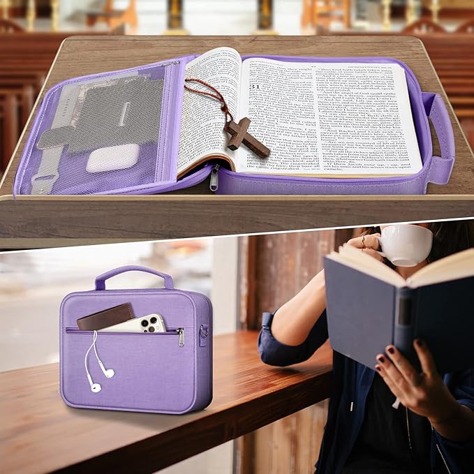 FINPAC Large Bible Cover w/Shoulder Strap, Carrying Book Case Church Bag Bible Protective w/Pen Slots and Zippered Pocket, Gift for Women Lady, Lilac