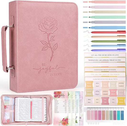 XKDOUS 24 Pcs Bible Covers Kit, Bible Carrying Case Large Church Bag w/Bible Study Supplies, Tabs, Pens, Bookmarks, Leather Book Holder Case Christian Gifts for Mom Women Lady