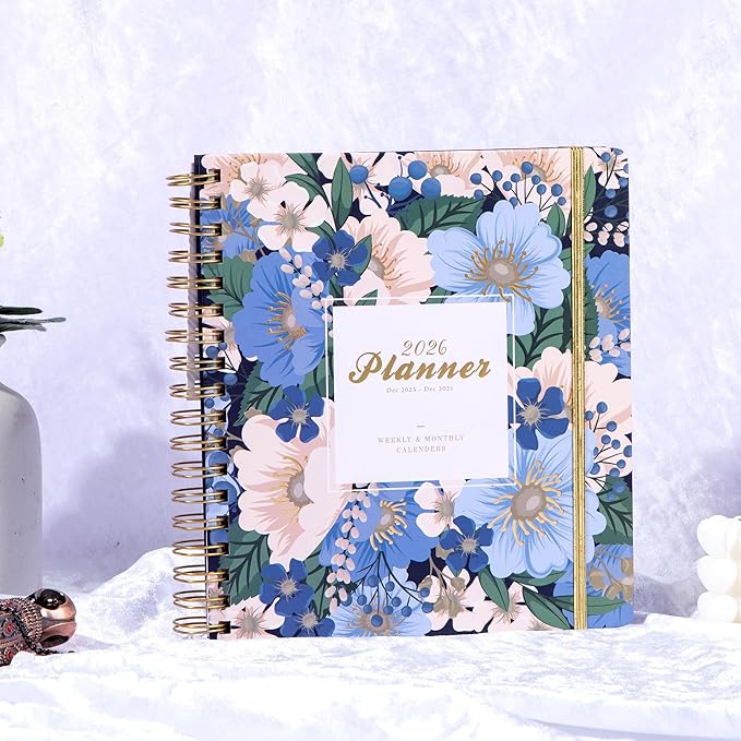 CAGIE 2026 Planner Weekly and Monthly Dec 2025–Dec 2026 Hardcover Planner with Pockets, 13 Month Large Blue Flowers Calendar Planner with Stickers Tabs, Spiral Bound Yearly Calendar Planner for Women, 8.3" x 9.3"