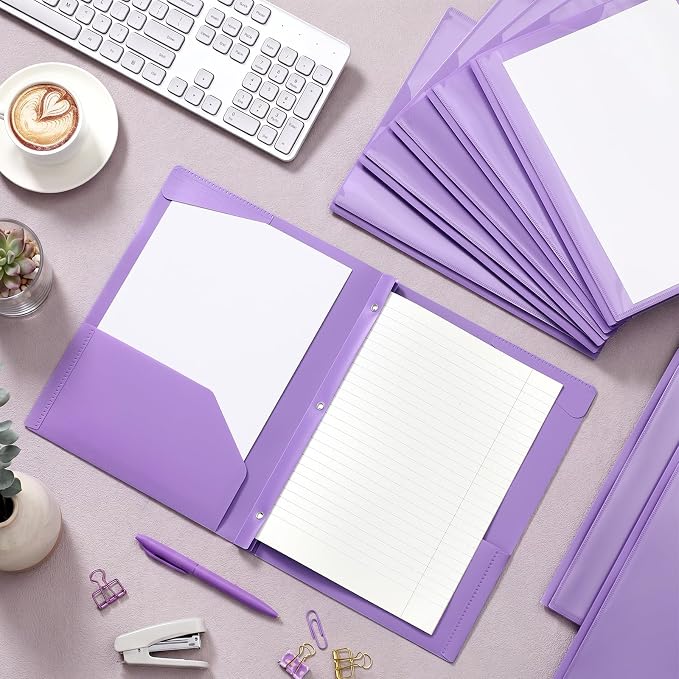 Tenceur 48 Pack Plastic Folders with 3 Prongs Bulk Heavy Duty Folders with Clear Front Pockets and Card Slots with Fasteners Fit Letter-Size Papers for Work School Office (Purple)