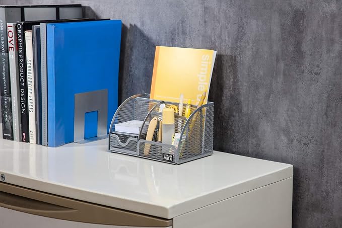 Desk Organizer with Drawer, Desktop Wire Mesh Sorter with 6 Compartments for Pens, Pencils and Letters (Silver)