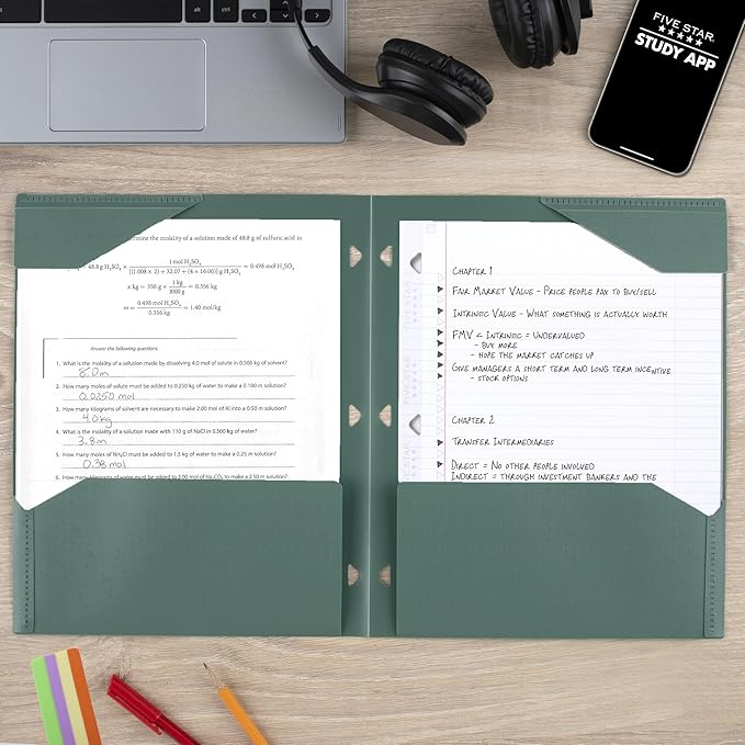 Five Star 2-Pocket Plastic Folder with Stay-Put Tabs, Fits 3-Ring Binder, Holds 8.5" x 11" Paper, Assorted Colors, 4 Pack (333420B)