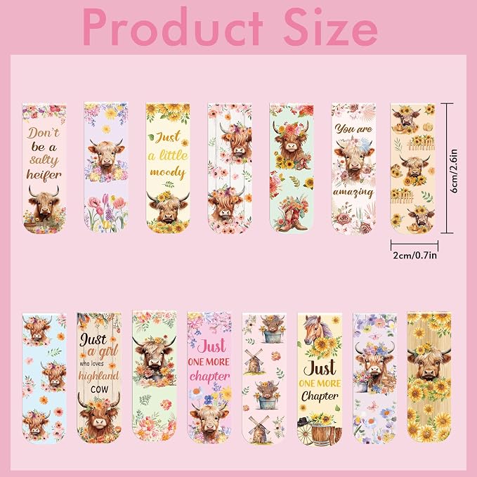 Highland Cow Magnetic Bookmarks: 30 PCS Cute Animal Bookmark Clips, Floral Design Cow Book Marks for Reading, Gifts for Women Girls Cow Lovers, Bookish Supplies for Kids & Adults