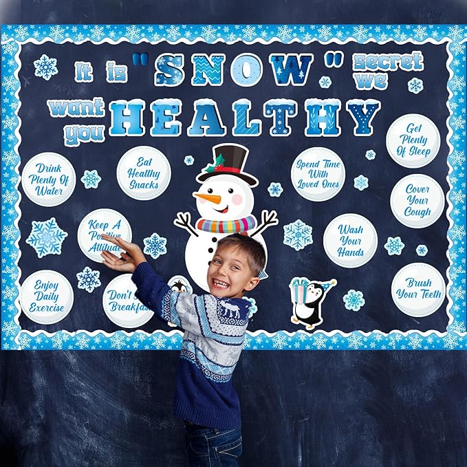 71 Pcs Winter Health Bulletin Board Decorations Set Winter Christmas Classroom Decor Snowman Snowflake Accents Healthy Habits Paper Cutouts for School Wall Decoration Supplies