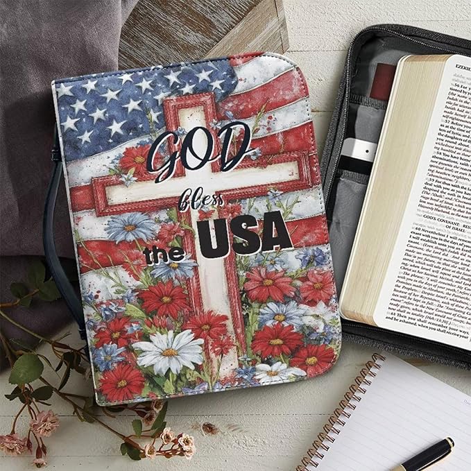 American Flag Bible Covers for Women Jesus God Bible Carrying Case with Handle Book Carrying Case Fits for More Size Bible Bag-Size：XL